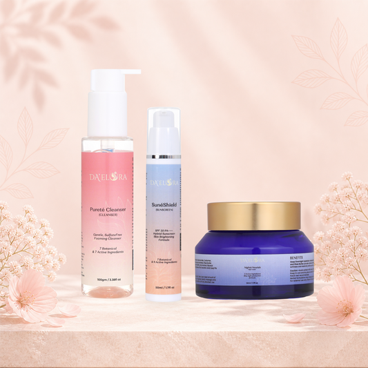 Pureté Cleanser | Cleanser + Nighté Nourish | Night Cream + SuneéShield | Sunscreen (Combo)