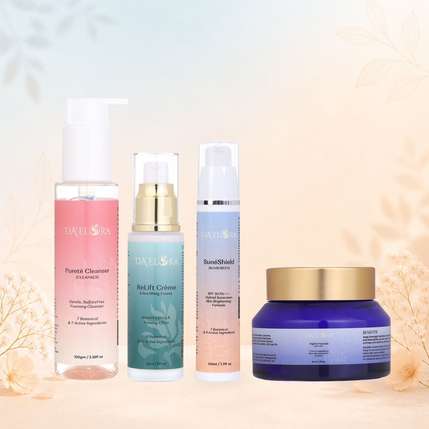 Pureté Cleanser | Cleanser + Nighté Nourish | Night Cream + SunéShield | Sunscreen + Rélifting Créme | Ultra lifting Cream (Combo)